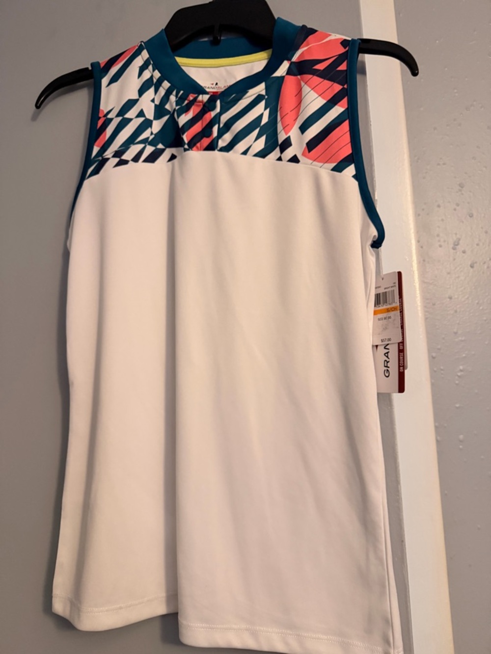 Grand Slam White Athletic Tank with Teal and Coral Geo Yoke